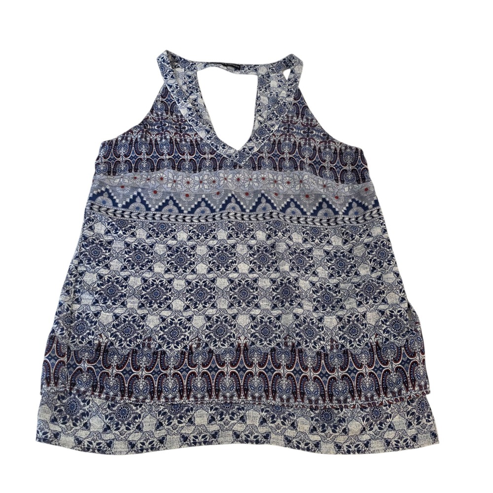 Harlowe & Graham Tunic Top XS Blue White Halter Neck Polyester V Neck Floral